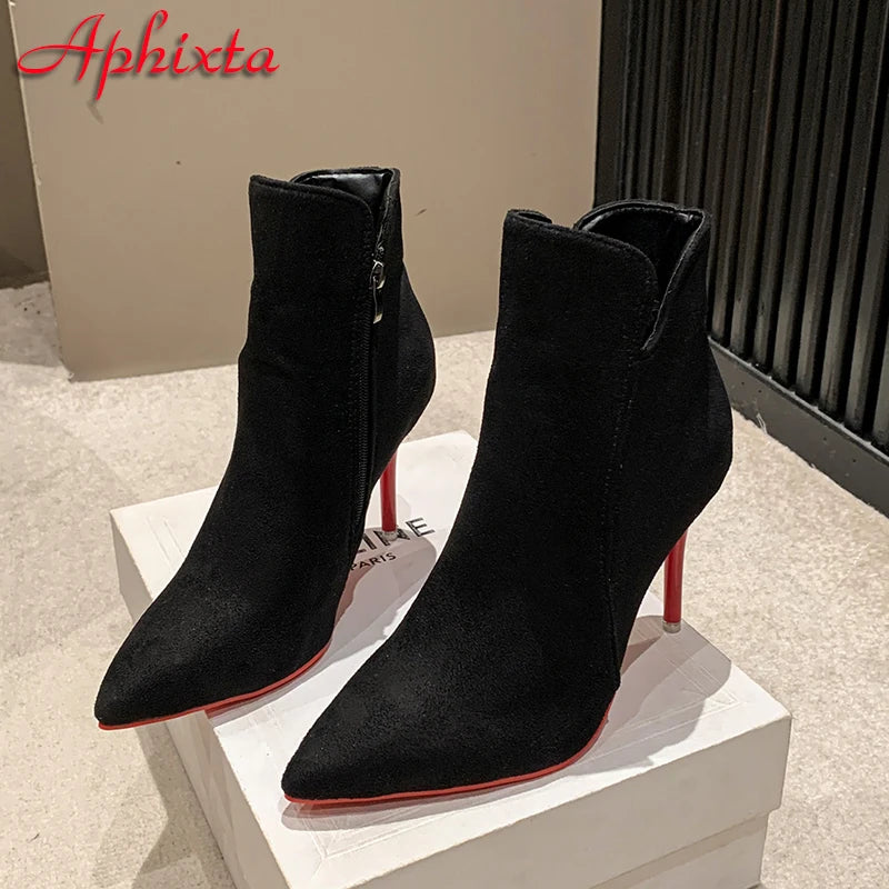Women’s 10cm Stiletto Ankle Boots - Warm Winter Zip Heels in Black & Red Sizes 47-50