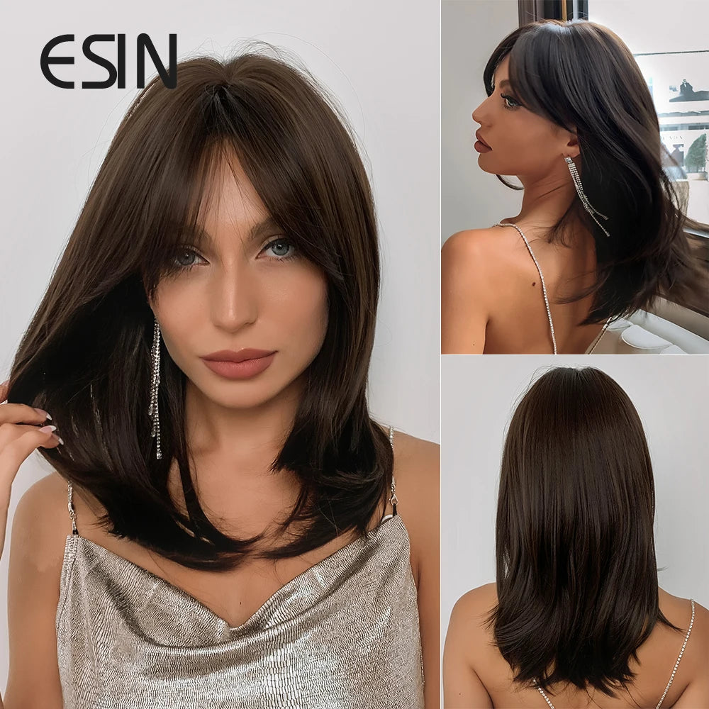 ESIN Synthetic Dark Brown Wig for Women - Long Wavy Wig with Bangs, Heat Resistant for Party & Daily Use