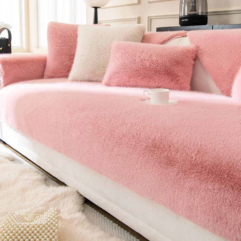 Rabbit Plush Sofa Seat Cover – Warm Non-Slip L-Shaped Couch Blanket & Cushion Slipcover for Living Room