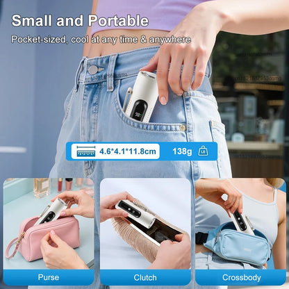 Mini Portable USB Rechargeable Neck & Waist Clip Fan – Handheld Turbo Cooling Fan with Cold Compress for Outdoor Travel & Summer Use