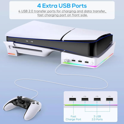 IPEGA Horizontal Stand with RGB LED Light for PS5 Slim - Console Stand Holder with 14 Light Modes and 4 USB Ports