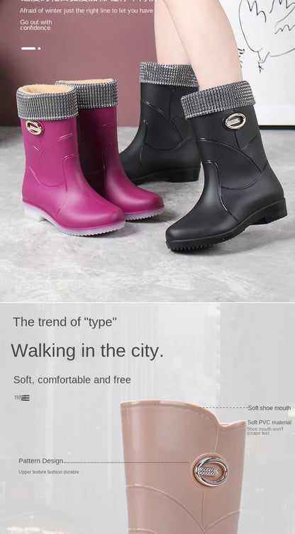 Women’s Fashion Mid-Tube Rain Boots – Wear-Resistant, Waterproof Rubber Shoes with Thick Sole, Non-Slip & Cotton Lining
