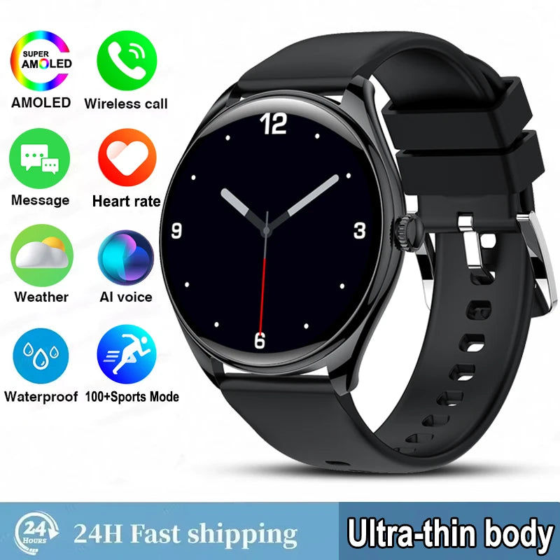 Ultra-Thin AMOLED Smartwatch for Men - 3D Display, Fitness Tracking, Heart Rate, Bluetooth Calls & Waterproof Design