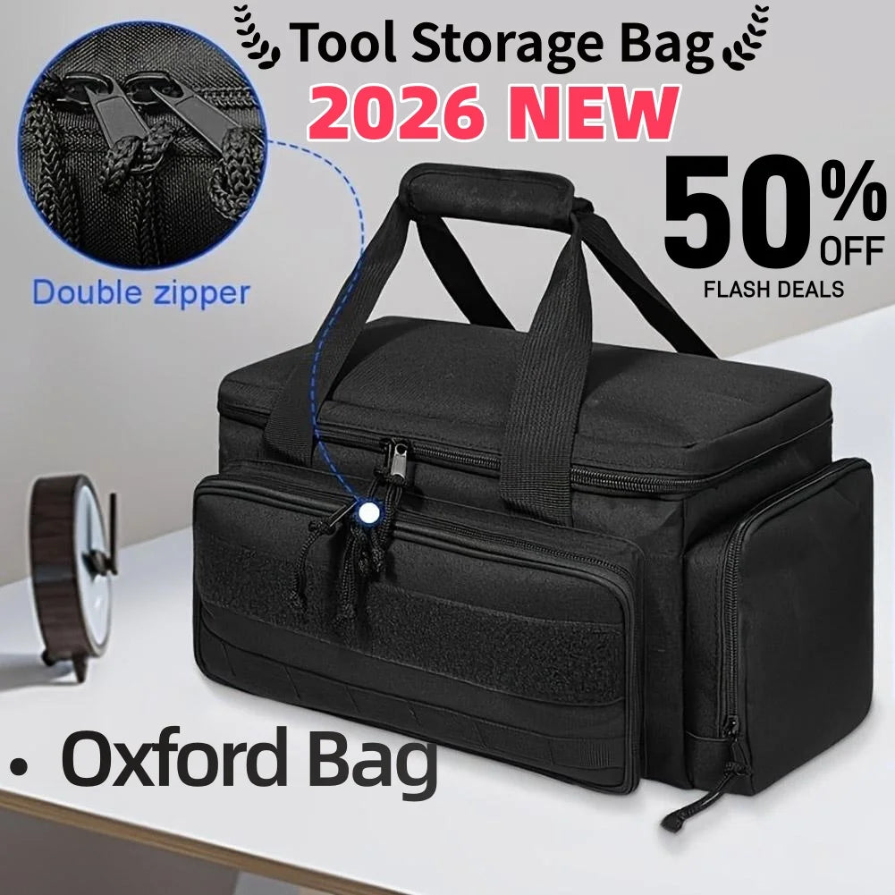 Heavy Duty High Capacity Tool Storage Bag – Water Resistant Organizer Case with Padded Base & Comfortable Handle for Easy Carrying, Black Tool Bag