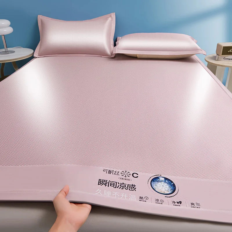 Cooling Ice Silk Bed Mat - Carbon Fiber Summer Mattress Cover with Pillowcase