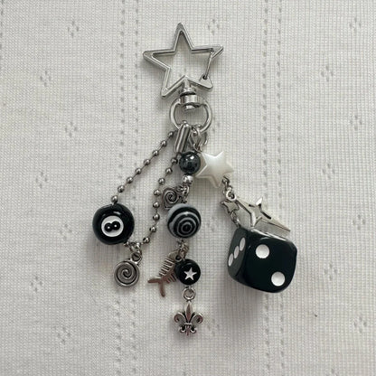 Handmade Rockstar GF Black & White Dice Keychains – Edgy Grunge Y2K Beaded Jewelry, Emo Bag Pendant Accessory