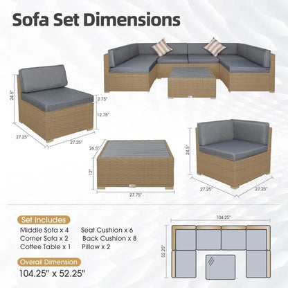 7-Piece Outdoor Patio Furniture Set with Cushions – PE Rattan Modular Sofa Set, Coffee Table & Pillows
