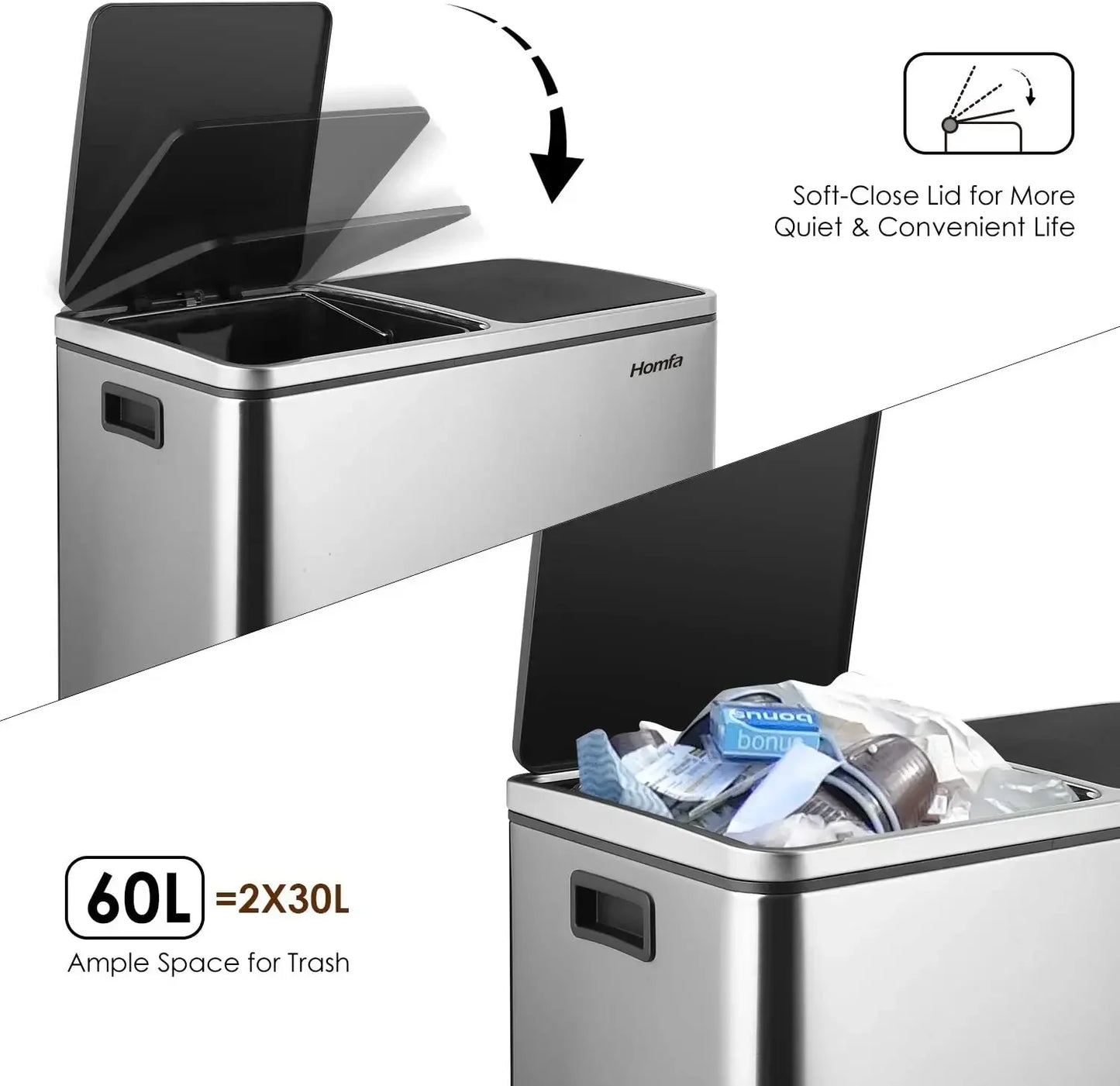 60L Dual Compartment Kitchen Step Trash Can – Hands-Free, Soft-Close Lid, Brushed Stainless Steel
