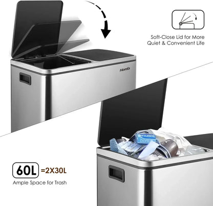 60L Dual Compartment Kitchen Step Trash Can – Hands-Free, Soft-Close Lid, Brushed Stainless Steel
