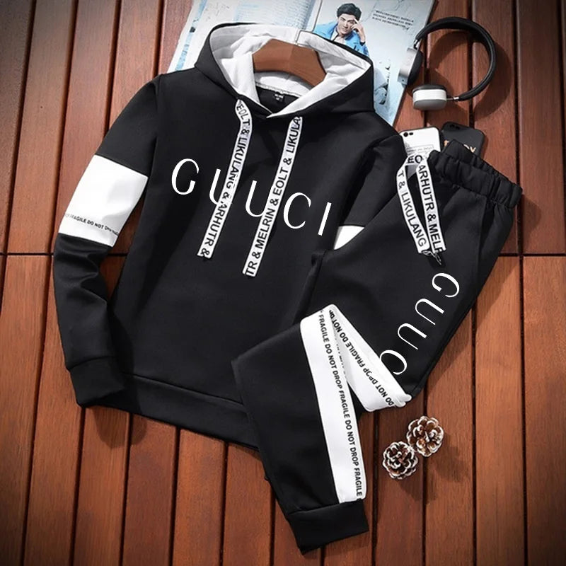 Men's Fashion Tracksuit Set – Hoodie & Sweatpants with Trendy Print | Casual Black & White Jogger Outfit