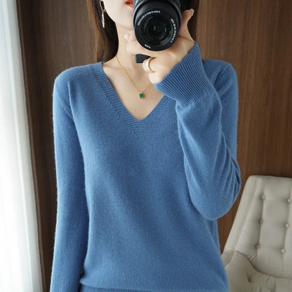 New Women’s Cashmere V-Neck Pullover – Lace Hollow Out Long Sleeve Knitted Sweater for Fall & Winter