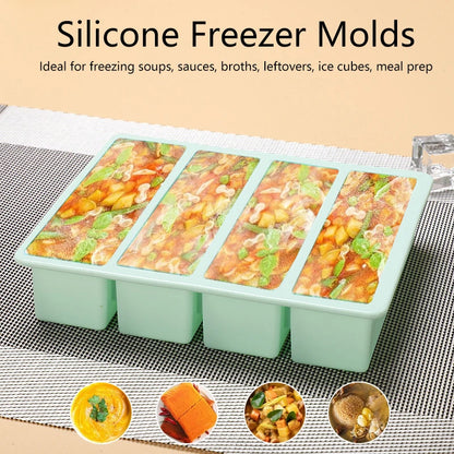 Extra Large Silicone Freezer Tray with Lid – Giant 4-Cube Food Storage Mold for Soup, Sauce & Meal Prep Ice Cubes Kitchen Container