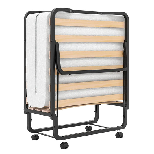 Foldable Rollaway Guest Bed with Memory Foam Mattress – 78.5”x31” Portable Metal Frame Bed with Wheels, Space Saving Folding Bed
