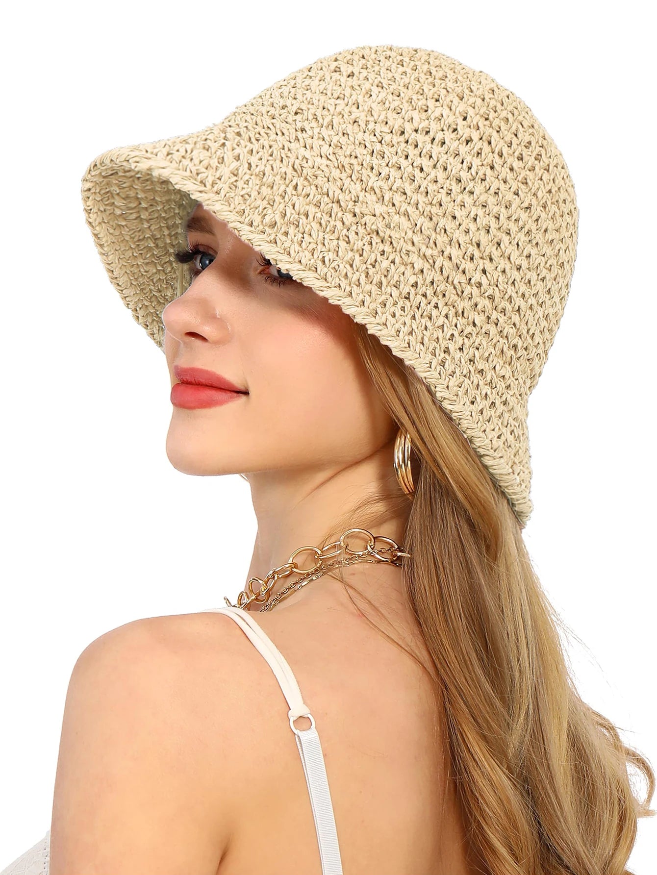 Women’s Summer Crochet Straw Bucket Hat – UV-Protect, Breathable Foldable Sunshade Cap for Beach & Outdoor Fashion
