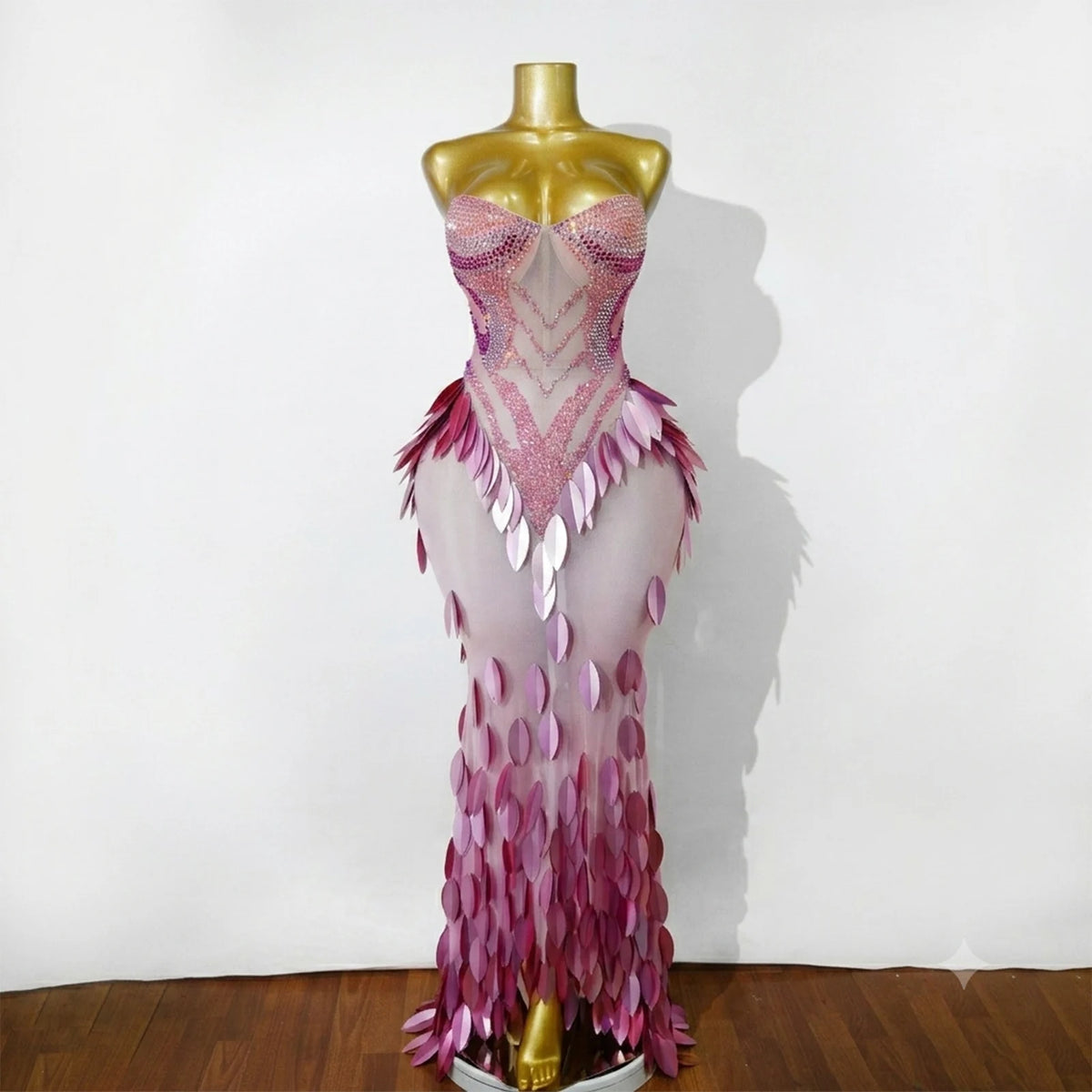 3D Gold Feather Rhinestone Split Dress - Evening Dance, Catwalk & Stage Performance Outfit