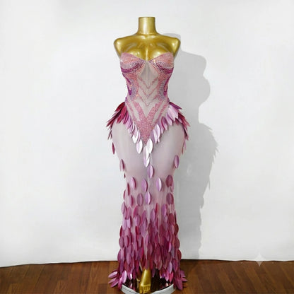3D Gold Feather Rhinestone Split Dress - Evening Dance, Catwalk & Stage Performance Outfit