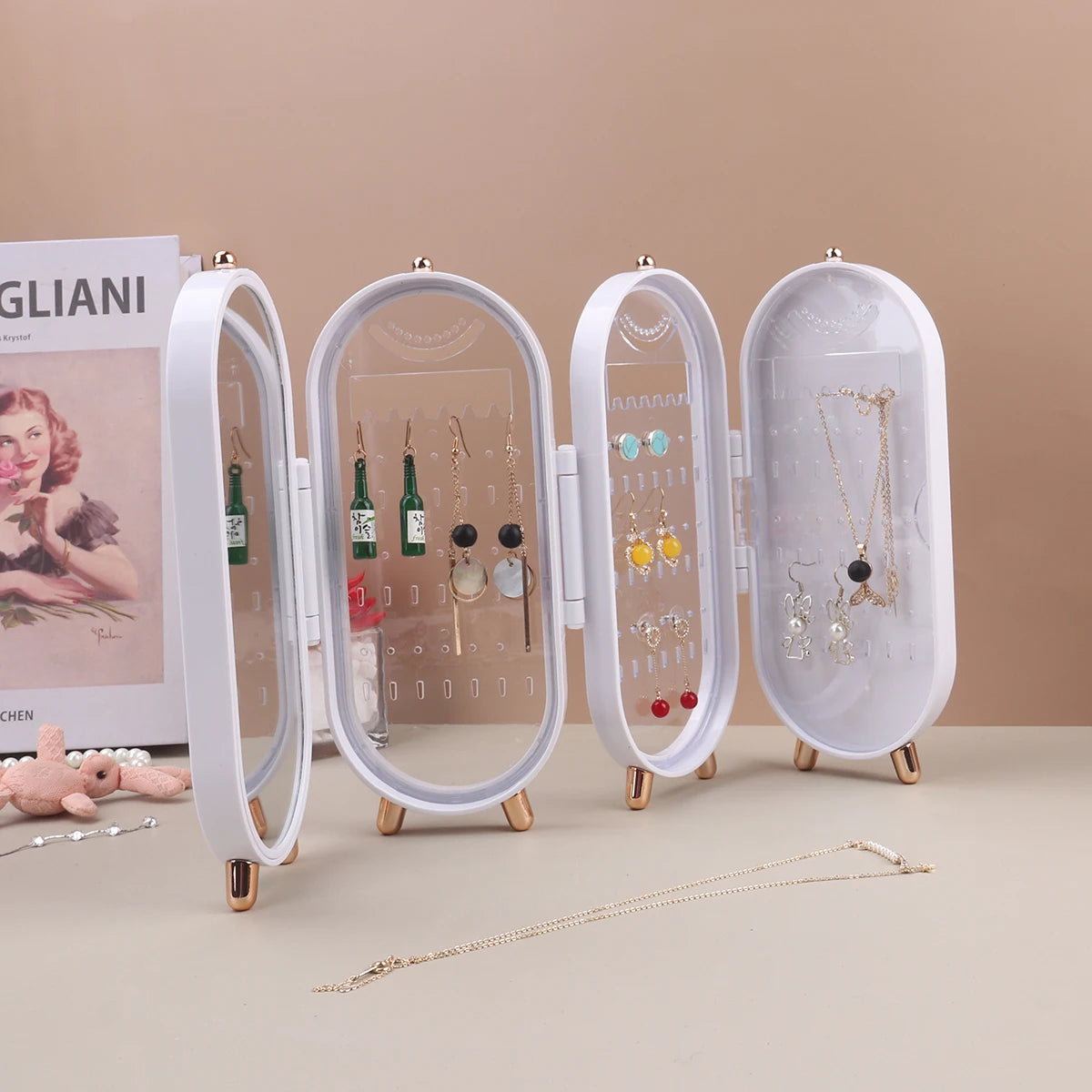Foldable Jewelry Box Organizer with Mirror: Plastic Storage Container for Women - Desk Storage Rack for Earrings, Necklaces, Rings, and More