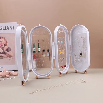 Foldable Jewelry Box Organizer with Mirror: Plastic Storage Container for Women - Desk Storage Rack for Earrings, Necklaces, Rings, and More