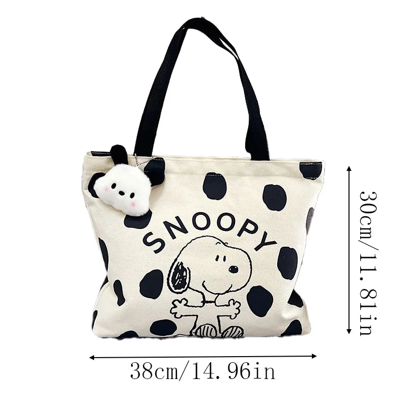 MINISO Snoopy Canvas Bag — Women’s Large Capacity Cartoon Handbag, Multi-Purpose Shoulder Tote with Hanging Accessory