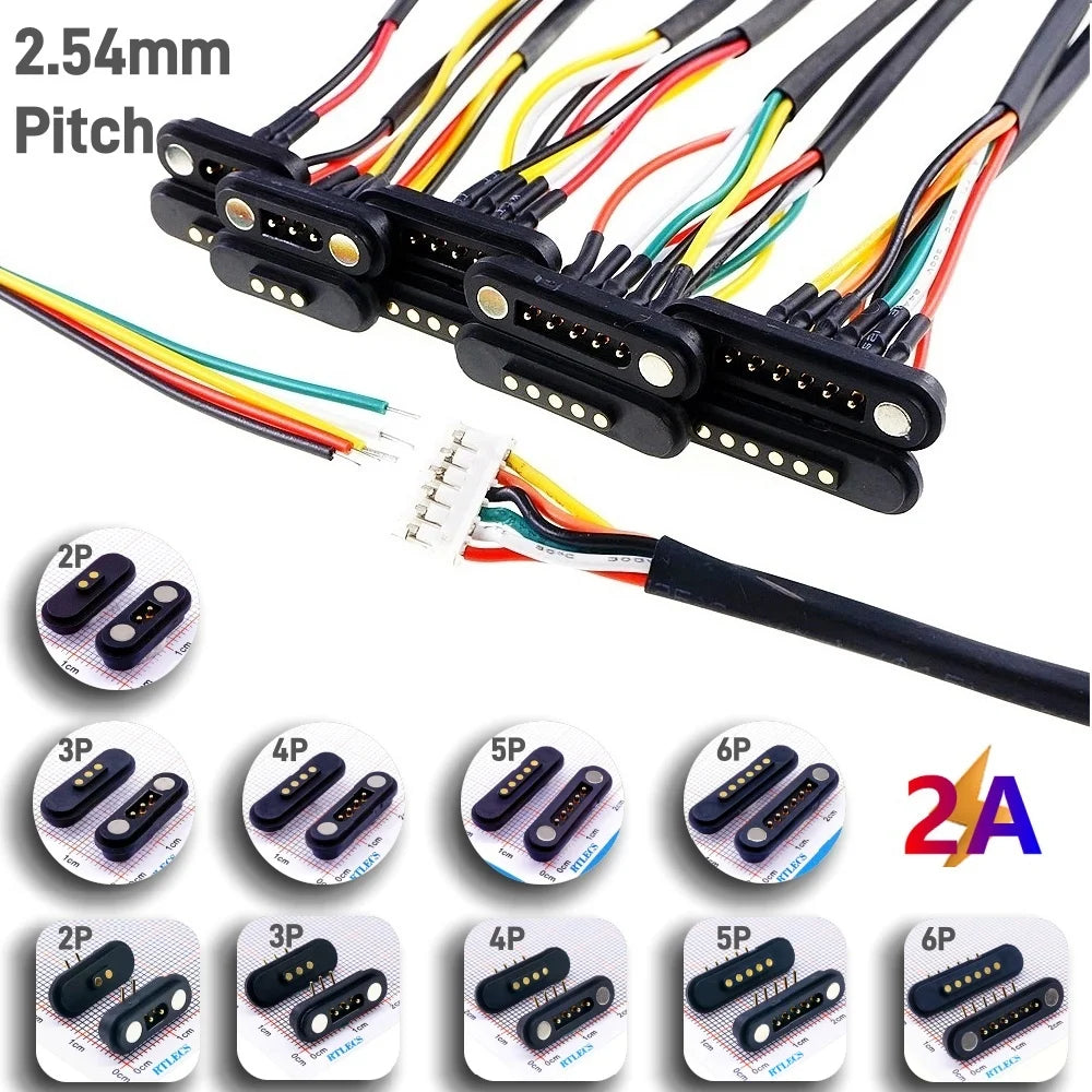 2A Waterproof Magnetic Pogo Pin Connector – 2.54mm Spring-Loaded DC Power Socket, 2-6 Positions