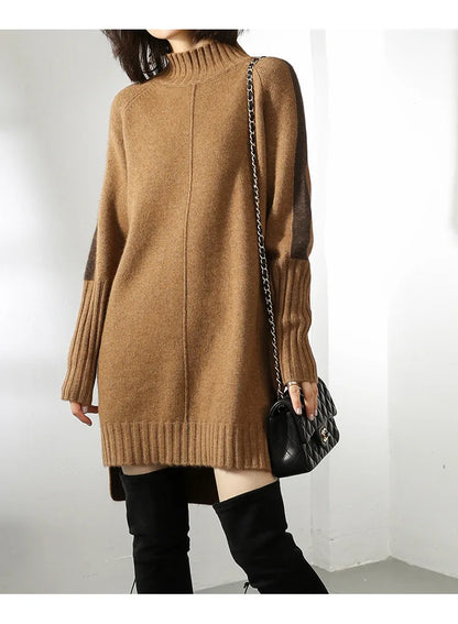 Turtleneck Knitted Sweater for Women – Autumn/Winter Warm Thick Pullovers, Wool Knit Crochet Y2K Split Jumper Cardigan