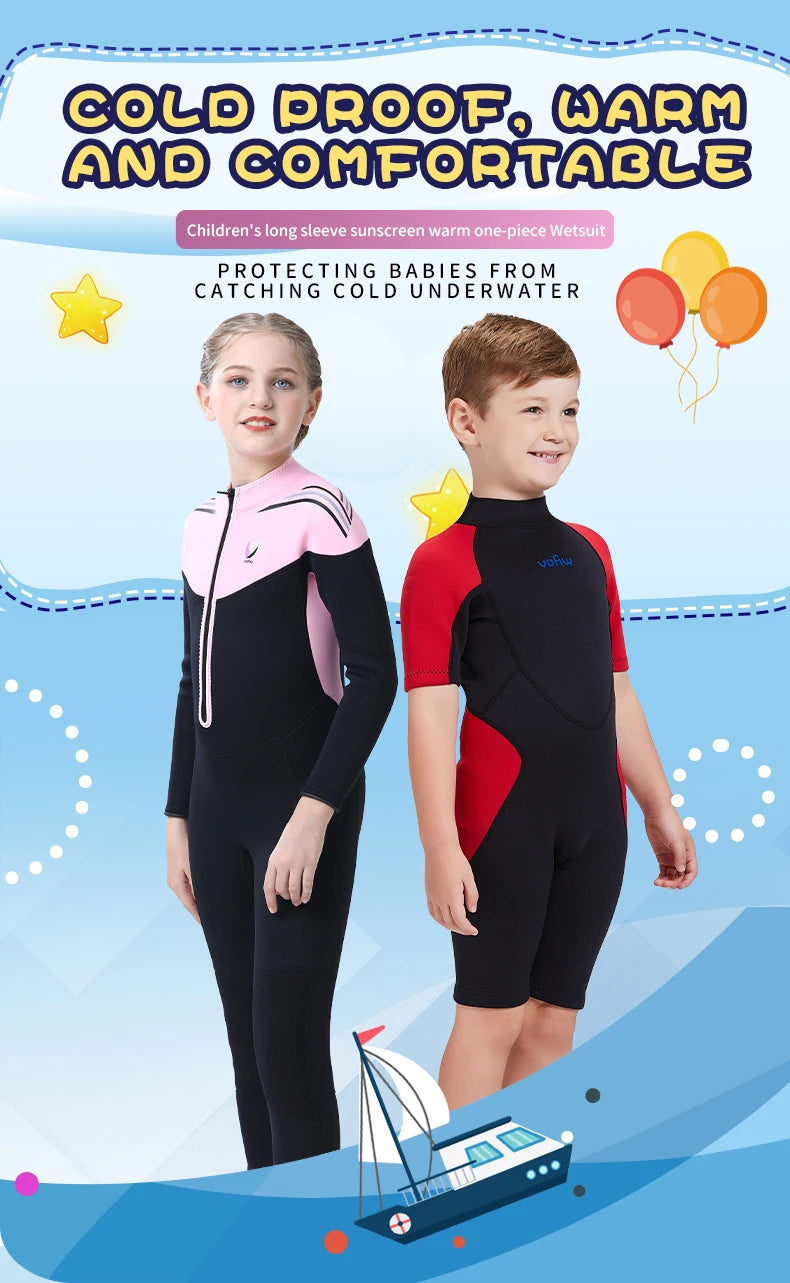 Children's 2mm/3mm Neoprene Wetsuit – One-Piece Long Sleeve Diving Suit for Cold Protection, Sunscreen, Surfing, Swimming & Snorkeling