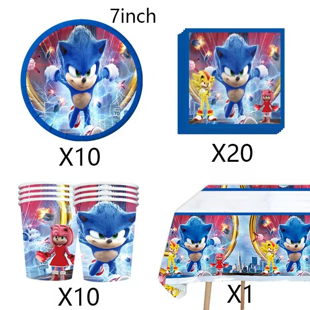 Sonic Cartoon Party Supplies Set – Disposable Tableware with Plates, Cups, Napkins & Balloons for Boys’ Birthday & Baby Shower Decor