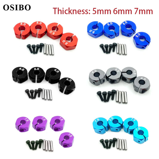 4PCS Aluminum Wheel Hex Hubs — 12mm Drive with Pins & Screws, 5/6/7mm Thickness for RC Cars, Crawlers, HSP, Tamiya, SCX10 & Slash