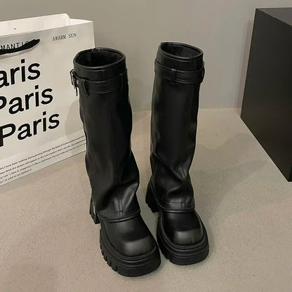 Winter Women's Biker Boots – Fashion Belt Buckle Knee-High Platform Booties