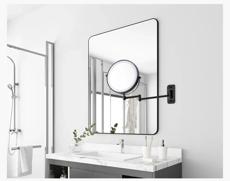 8-Inch Double-Sided LED Makeup Mirror - 10X Magnification, 360° Rotating, Wall Mounted, Foldable Vanity Mirror