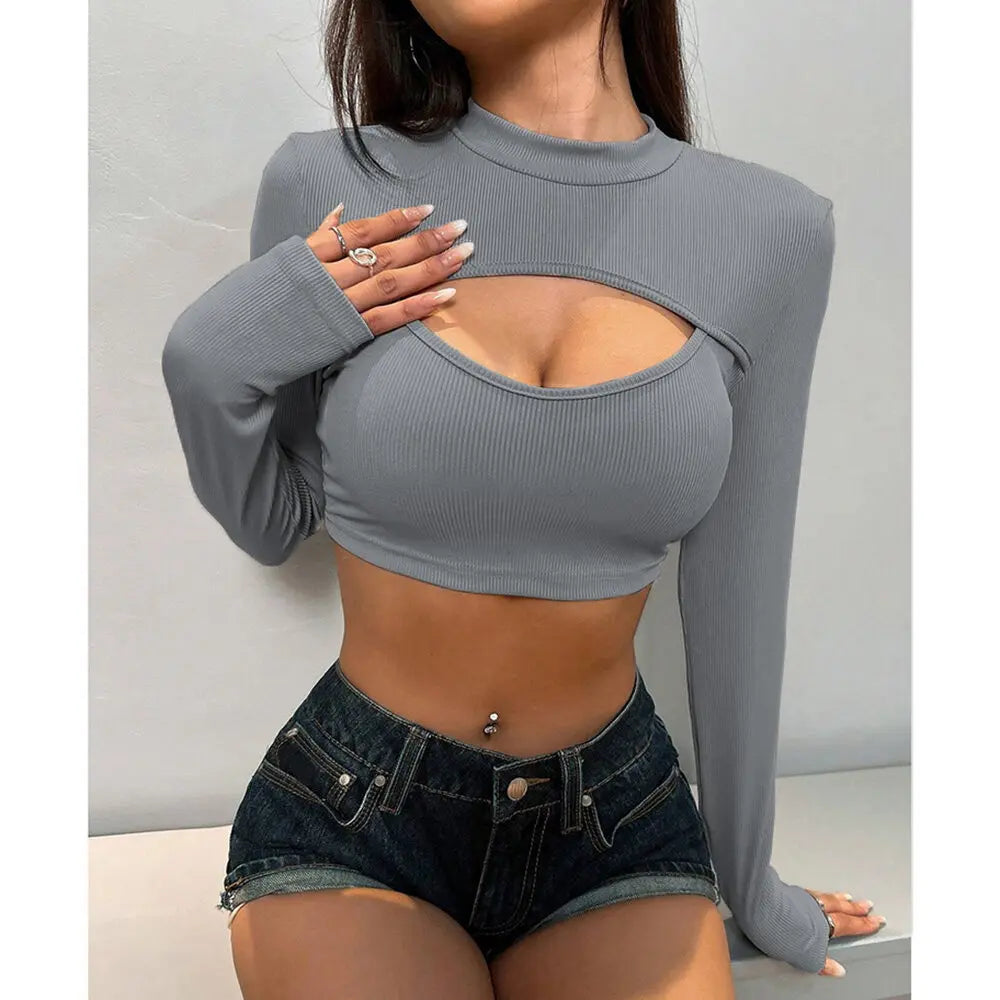 Mia Muse Women's Autumn T-Shirts – Trendy Plain Hollow-Out Cropped Long Sleeve Crew Neck, High Street Fashion