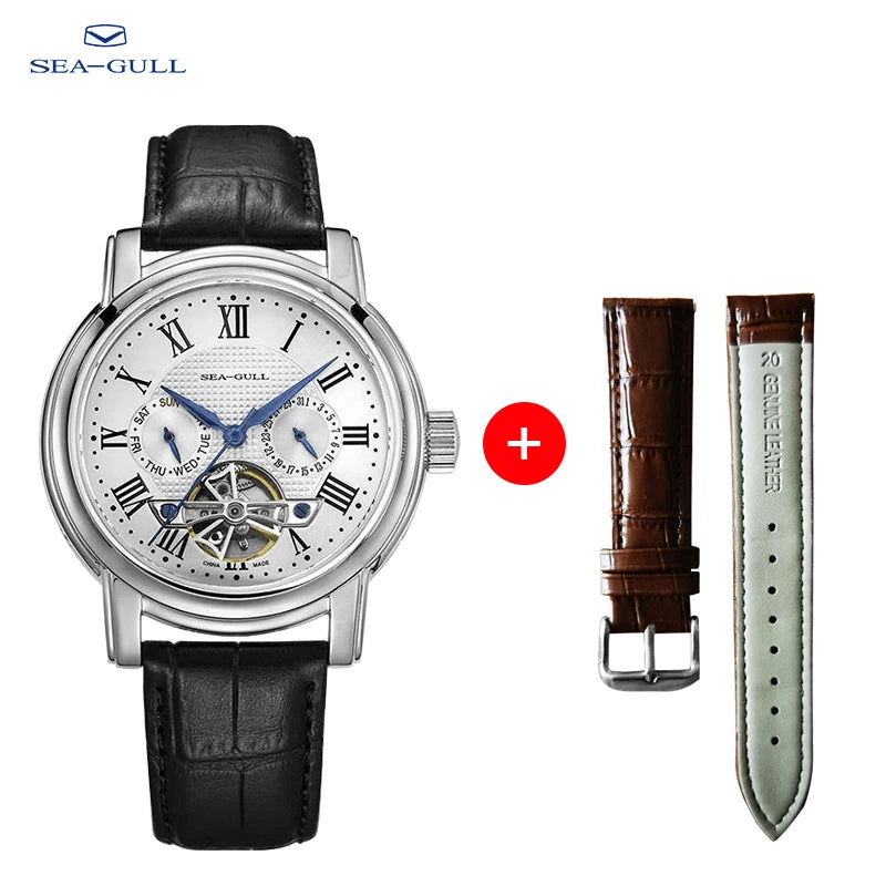 Seagull Men’s Automatic Mechanical Watch - Multi-Function Hollow Flywheel Business Wristwatch