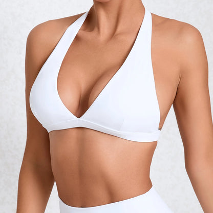 WANAYOU Women’s Deep V Yoga Bra — Halter Sports Crop Top | Padded Open-Back Gym & Fitness Workout Top