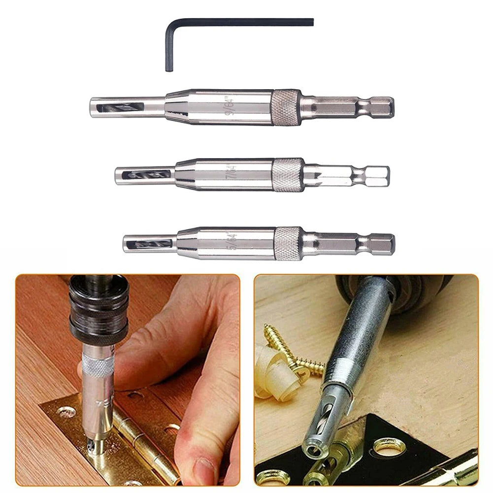3pcs Self-Centering Hinge Drill Bits | Door, Window, Cabinet Hinge Drilling Holes Cutter | Woodworking Center Drill Bits