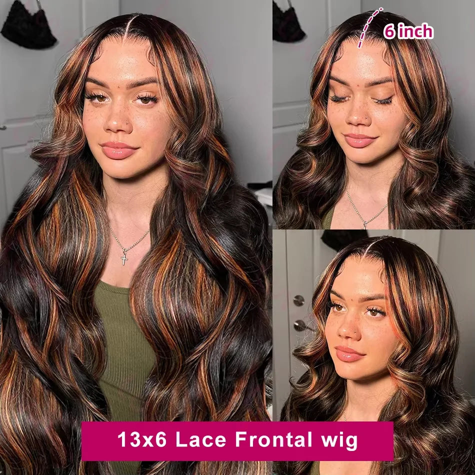 Ombre Highlight Body Wave Wig – 13x4 Lace Front, 1B/30 Black Brown HD Brazilian Human Hair Wig for Women