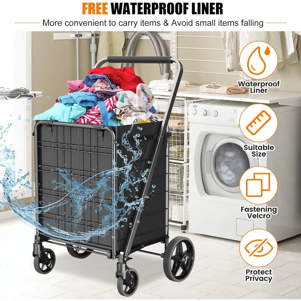 Heavy Duty 280lb Folding Shopping Cart — Large Utility Cart with Waterproof Liner & 360° Rotating Wheels