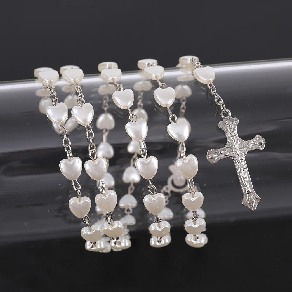Pink & White Heart Rosary Necklace – Virgin Mary Cross Pendant Beaded Chain Religious Prayer Jewelry Gift for Men & Women