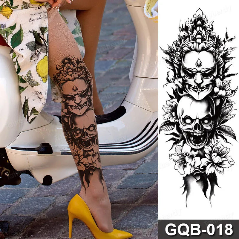 Full Arm Dragon Skull Tattoo Sleeve - Waterproof Temporary Body Art Sticker with Clock Compass Flower Design for Men & Women