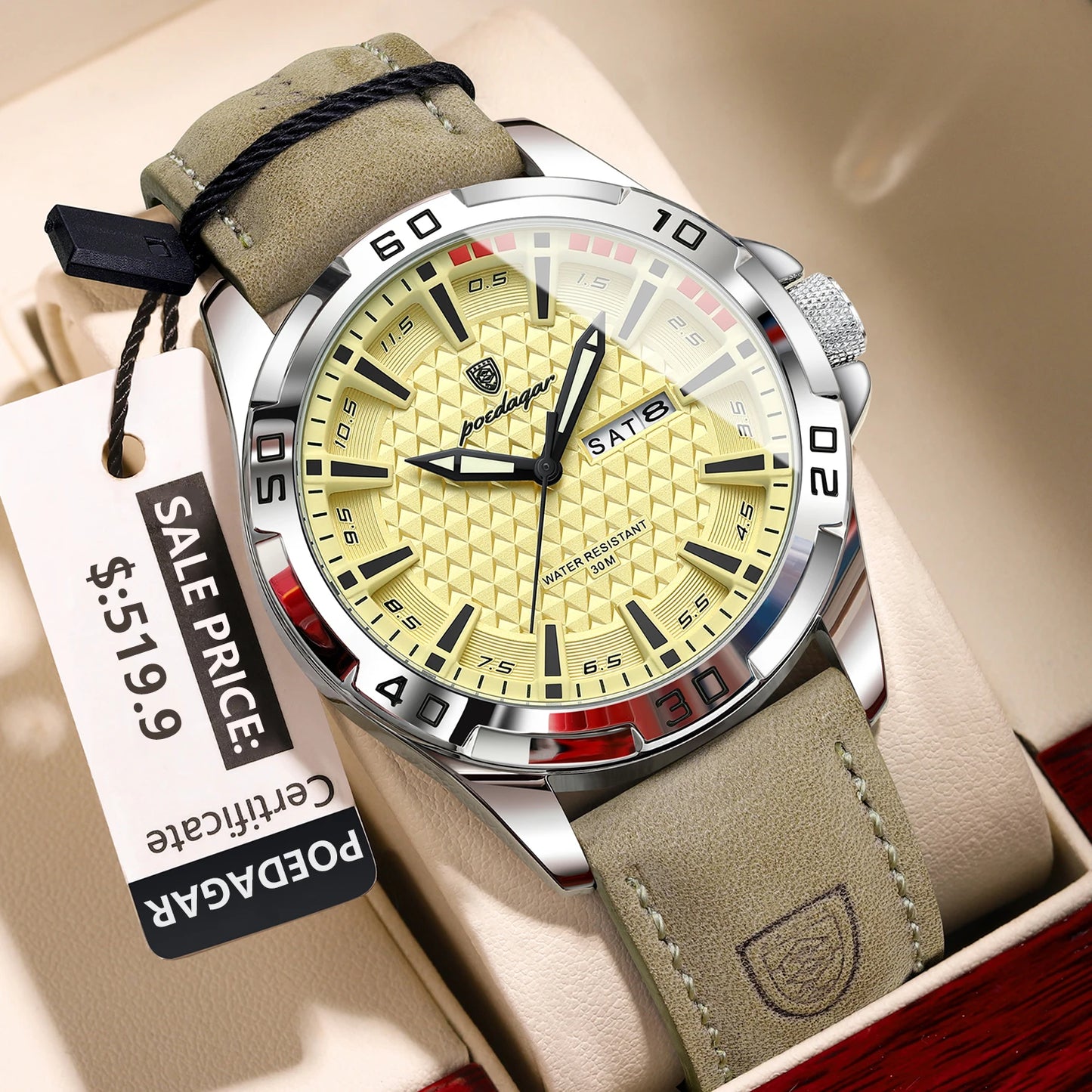 POEDAGAR Men’s Luxury Wristwatch – Waterproof Quartz Sport Watch with Luminous Hands, Date & Week Display, Leather Strap