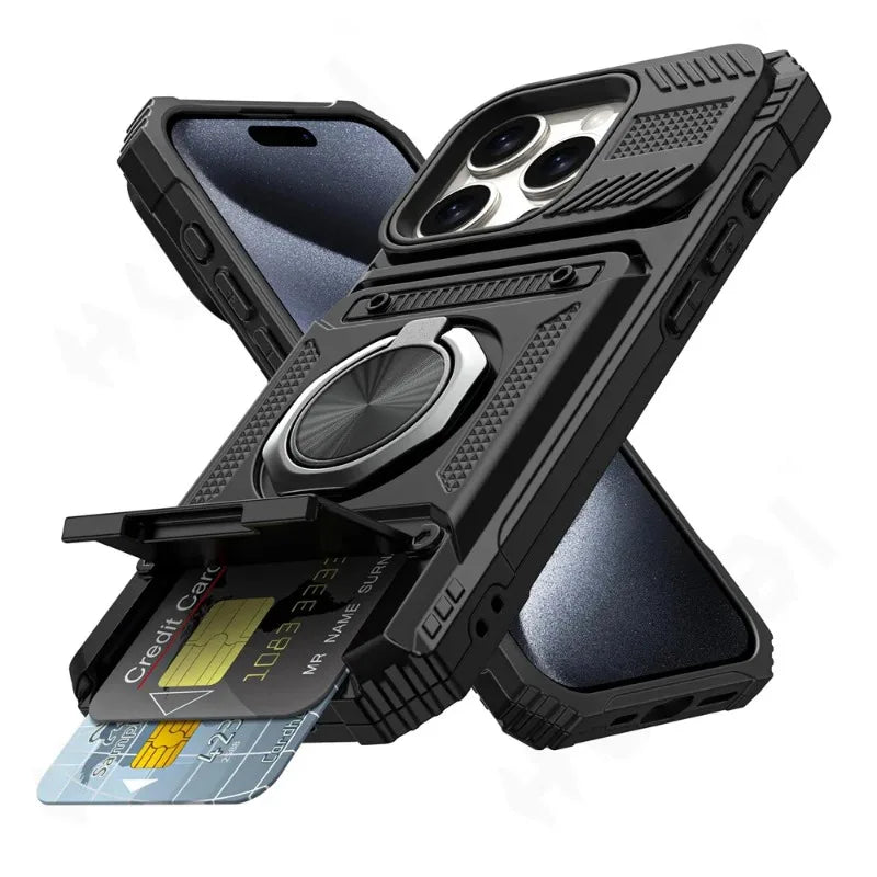 Magnetic Ring Kickstand iPhone Case – Heavy Duty Drop Protection Wallet Cover for iPhone 16/15/14/13/12/11 Pro Max, XS, XR, 8 & 7 Plus