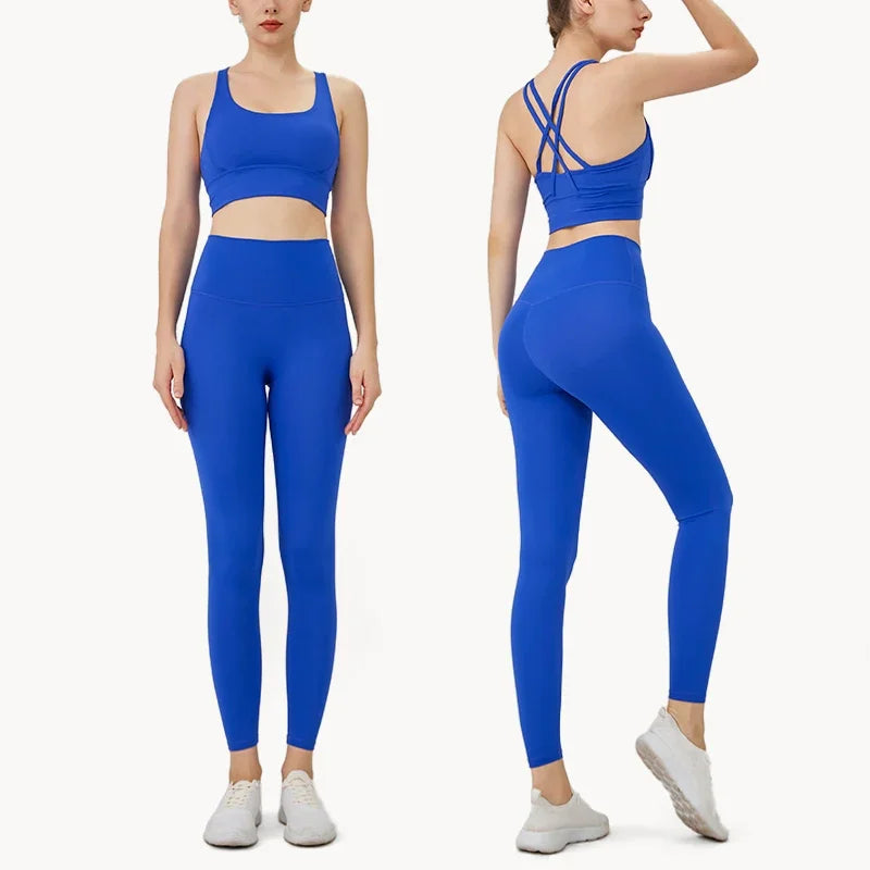 Summer 2 Piece Women's Yoga Tracksuit - Cross-Back Nylon Top and Leggings Athletic Set for Pilates and Fitness