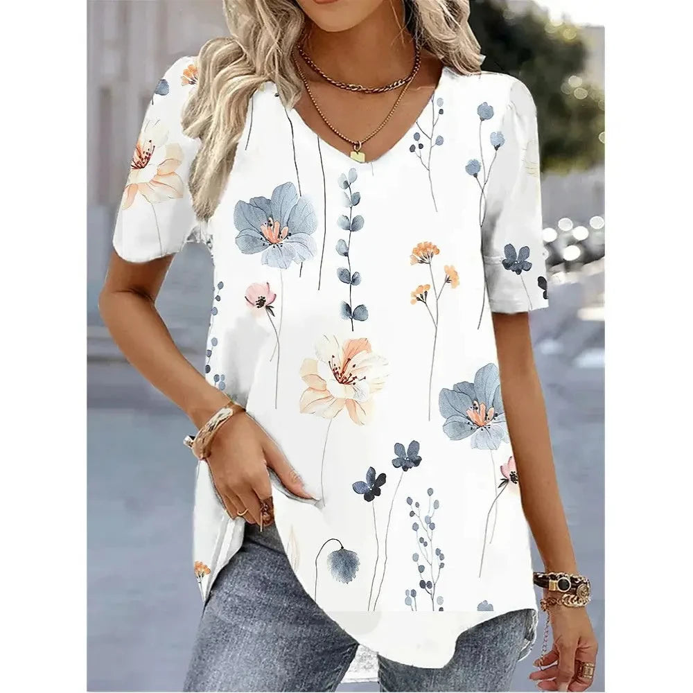 Women's 3D Flower Print V-Neck T-Shirt - Oversized Kawaii Summer Casual Blouse Top Fashion Clothing