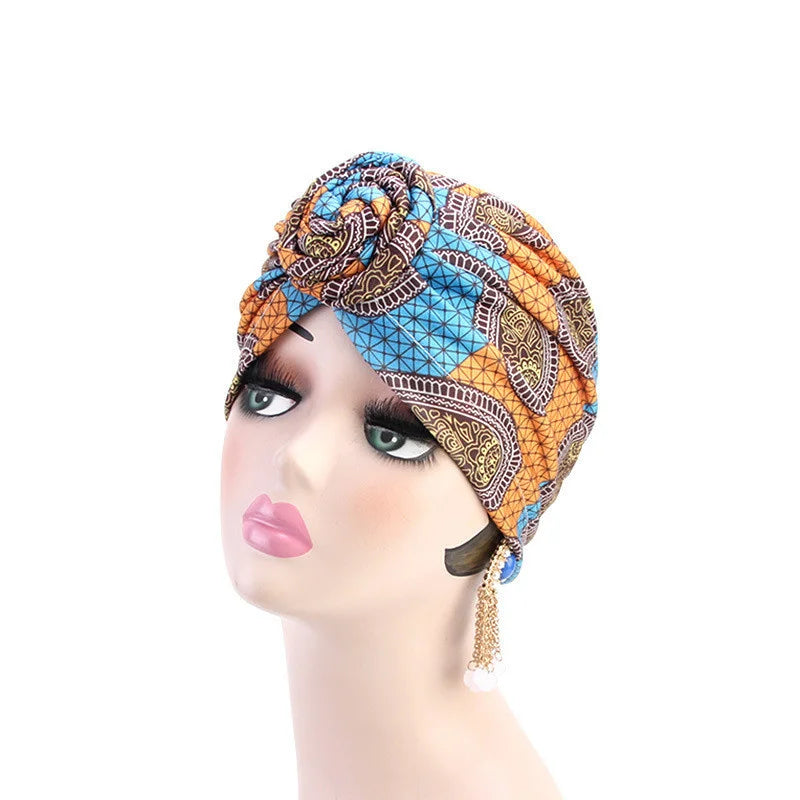 African Floral Pleated Turban - Elegant Knot Flower Beanie Head Wrap for Women, Bandana & Head Cover