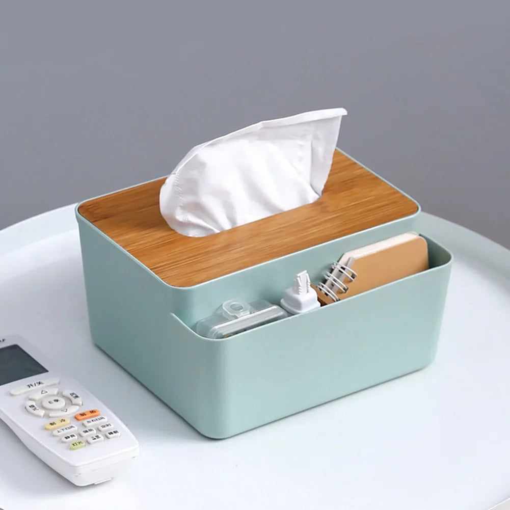 Wooden Tabletop Tissue Box & Storage Organizer – Desktop Holder for Tissue, Remote & Towels