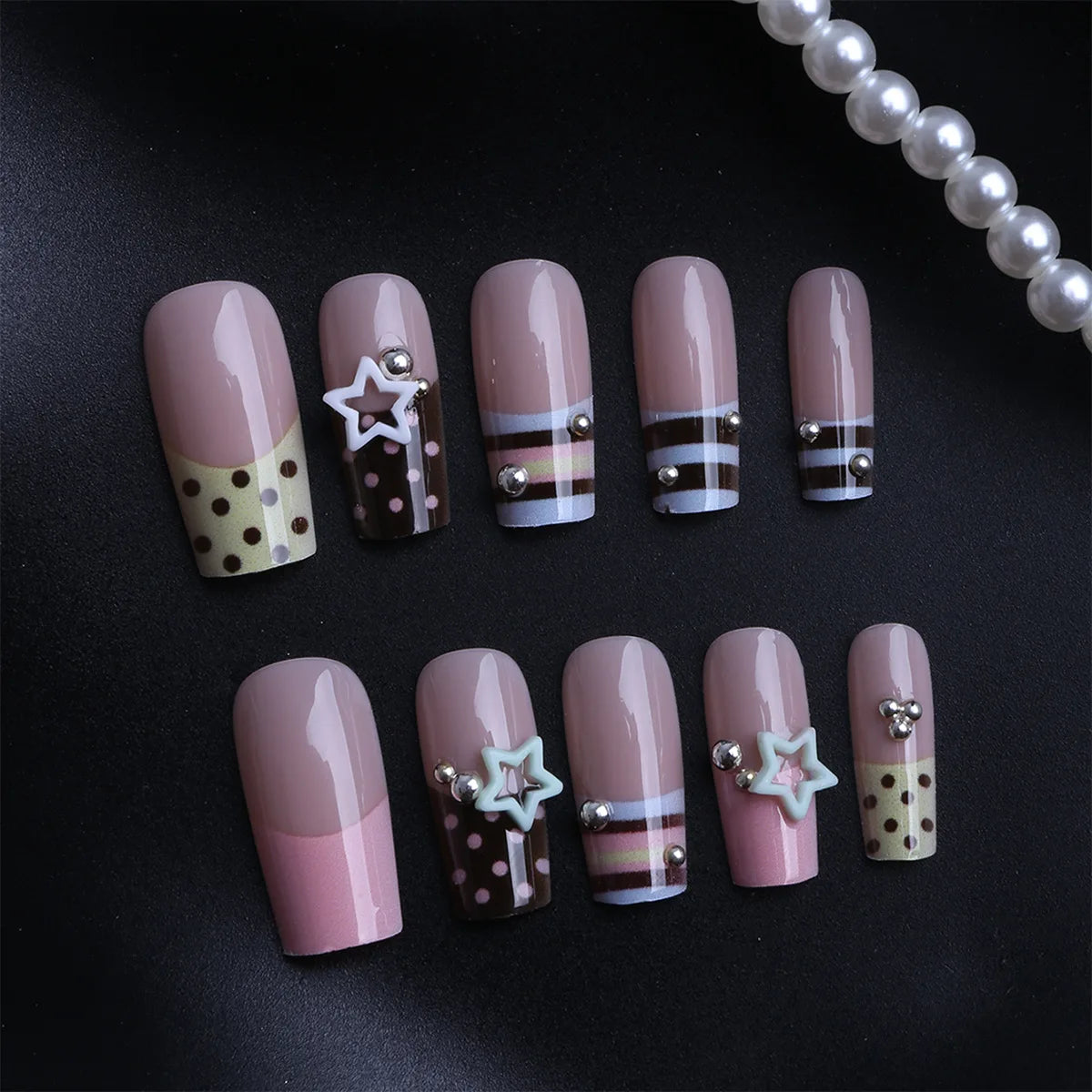 24PCS Y2K Sweet Stars Press-On Nails - Blue Brown Striped French Style Autumn Vintage Wave Point Fake Nail Set