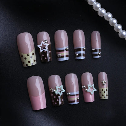 24PCS Y2K Sweet Stars Press-On Nails - Blue Brown Striped French Style Autumn Vintage Wave Point Fake Nail Set