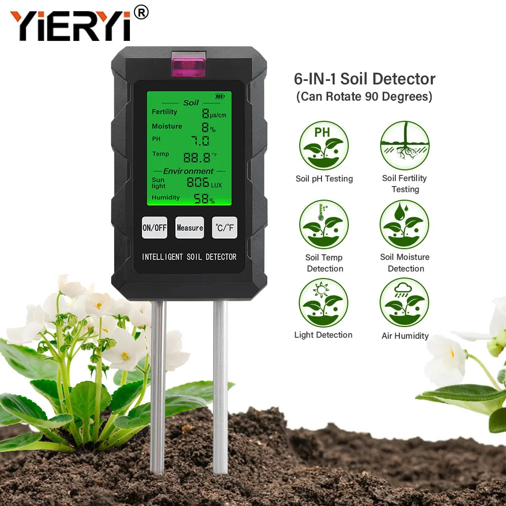Digital 6 in 1 Soil Tester - pH, Fertility, Moisture, Sunlight, Humidity & Temperature Monitor for Garden Soil Analysis