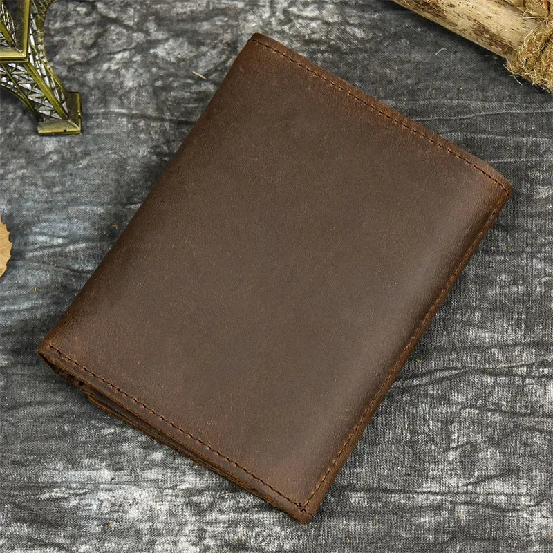 Men’s Genuine Leather Short Wallet with Chain – Trifold Zipper Clutch, Card Holder & Coin Purse