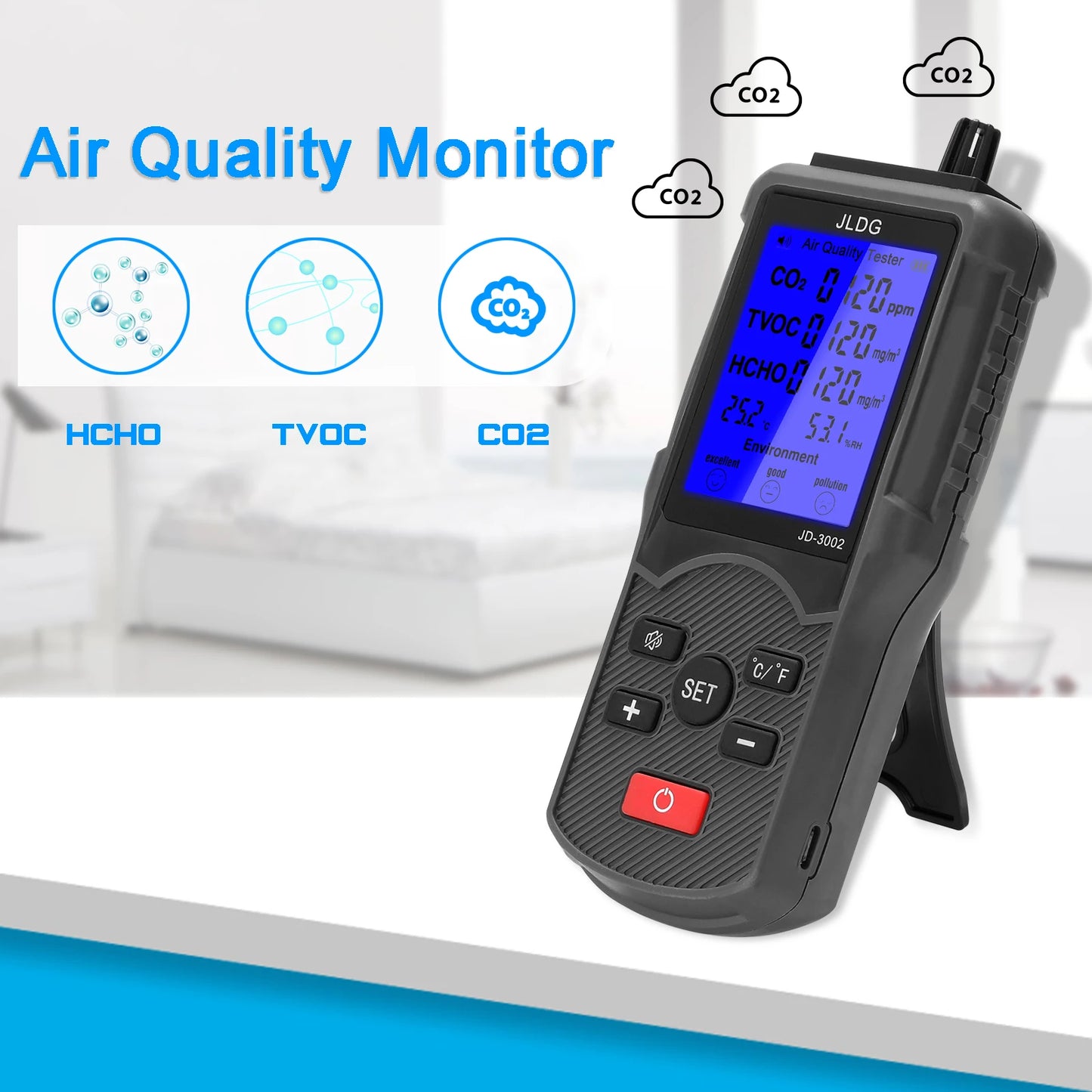 8-in-1 Air Quality Tester – CO2 Meter and Gas Analyzer with TVOC, Temperature, Humidity, and Carbon Dioxide Sensor