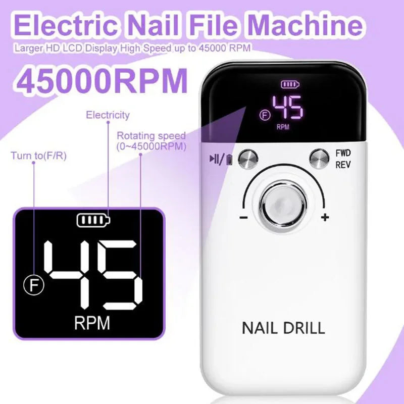45000RPM Electric Nail Drill – Professional Rechargeable Nail File for Gel Nails, Portable Manicure Tool